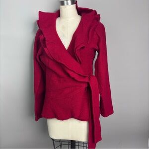 Vintage Red Wool Ruffled Wrap Cardigan Sweater XL